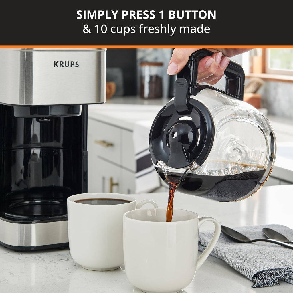 KRUPS Coffee Maker 10 Cups Simply Brew Stainless Steel Drip Coffee Maker, 900 Watts Coffee Filter, Drip Free, Dishwasher Safe Pot, Black & Silver