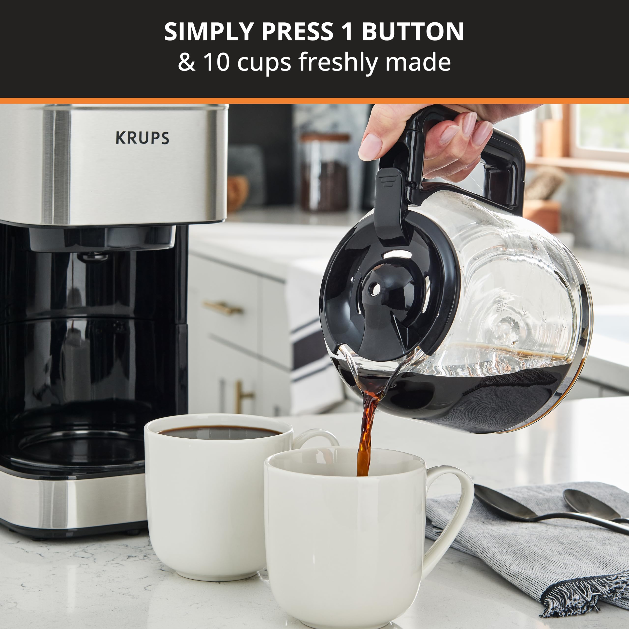 KRUPS Coffee Maker 10 Cups Simply Brew Stainless Steel Drip Coffee Maker, 900 Watts Coffee Filter, Drip Free, Dishwasher Safe Pot, Black & Silver