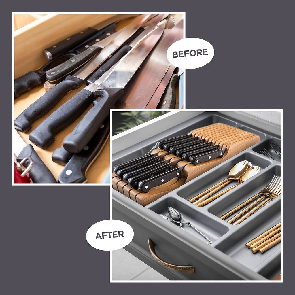 Bambüsi Knife Drawer Organizer 16 Slot In-Drawer Knife Block Holder, Bamboo