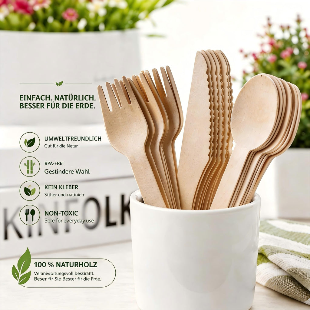 100% Compostable Cutlery Set - 150 Pieces Wooden Utensil Set [50 Wooden Forks, Wooden Spoons, Knives] - Disposable Wooden Cutlery, Eco Friendly Forks, Spoons, Knives Set Compostable Utensils