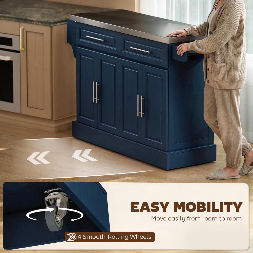 HOMCOM Rolling Kitchen Island Cart with 47" Stainless Steel Top Navy Blue