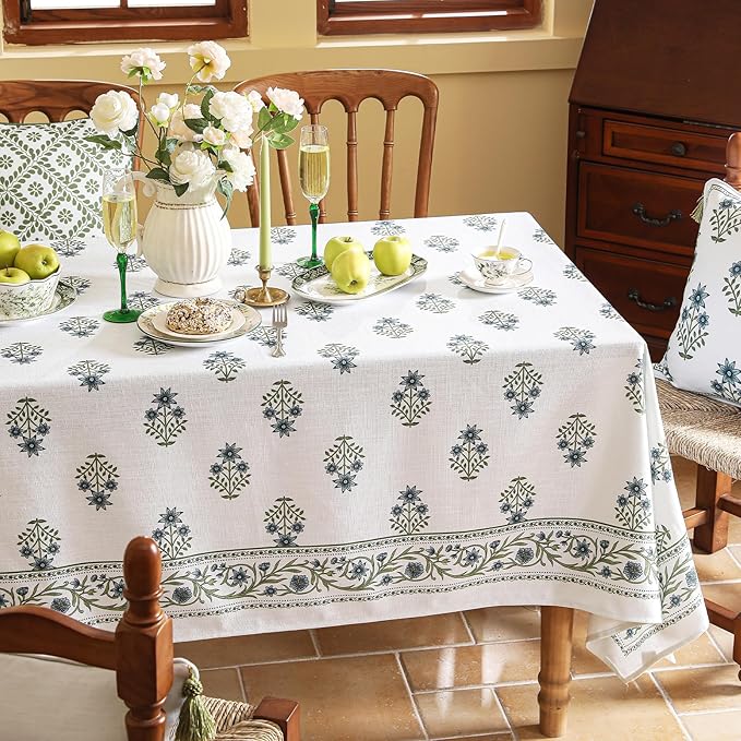 ISAENNE Designer White Linen Square Tablecloth,Chinoiserie Floral Elegant Indoor Table Cloth,Fall Stain Proof Decor Tablecloths for Dining Thanksgiving Kitchen Party,67"*67"-Mosella F