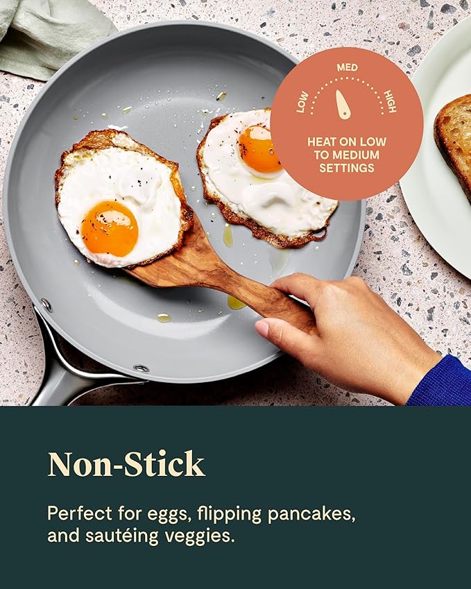 Caraway Ceramic Nonstick Fry Pan Set with Glass Lids – Includes Two 10.5” Fry Pans, One 8” Fry Pan, & Three Lids - Non Toxic, PTFE & PFOA Free - Oven Safe & Compatible with All Stovetops - Sage
