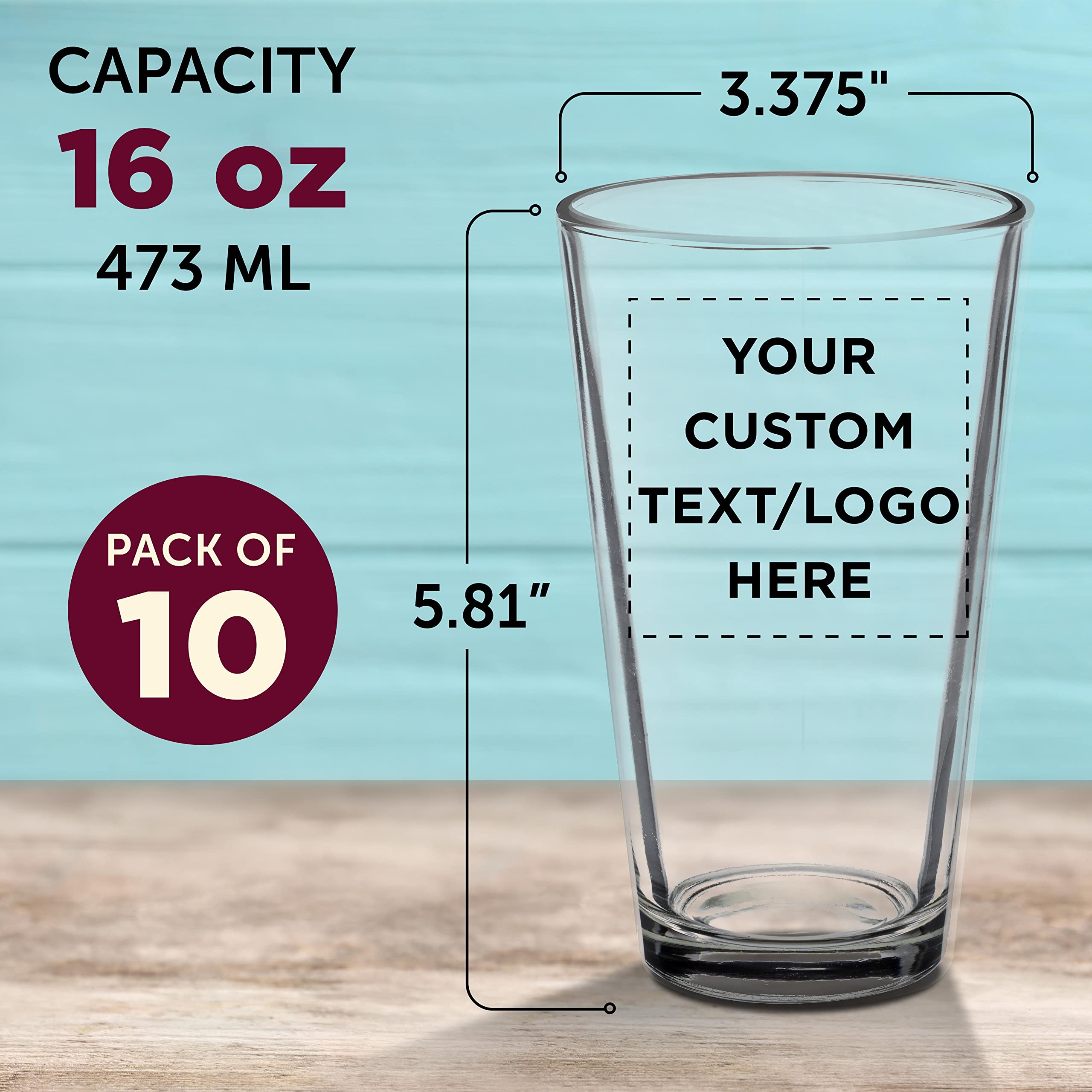 Libbey Pint Glass 16 oz. Set of 10, Bulk Pack - Beer Glasses, Heavy Duty Drinkware - Red