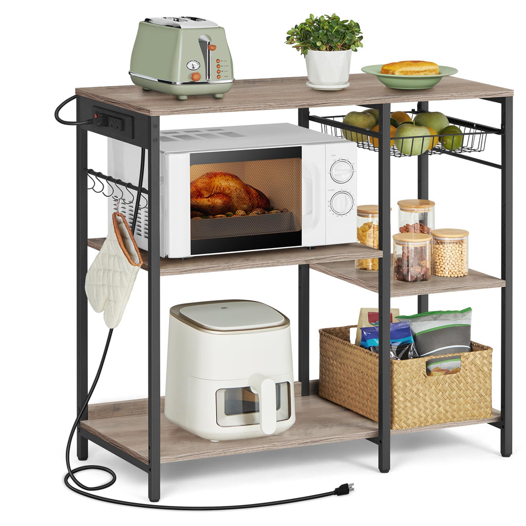VASAGLE Baker's Rack, Coffee Bar Stand with Charging Station, 35.6 Inches Tall, Storage Shelves, Pull-Out Wire Basket, Table for Microwave, Kitchen, Heather Greige and Ink Black UKKS036K02