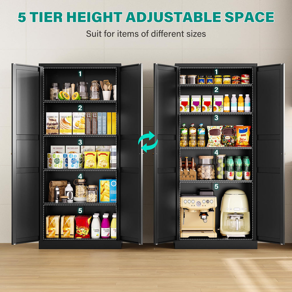 SISESOL Black Storage Cabinet,71" Tall Pantry Cabinet,Kitchen Pantry Storage Cabinets with 2 Doors and 5 Shelves,Wide Deep Metal Food Cupboard for Home,Kitchen,Dining/Living Room