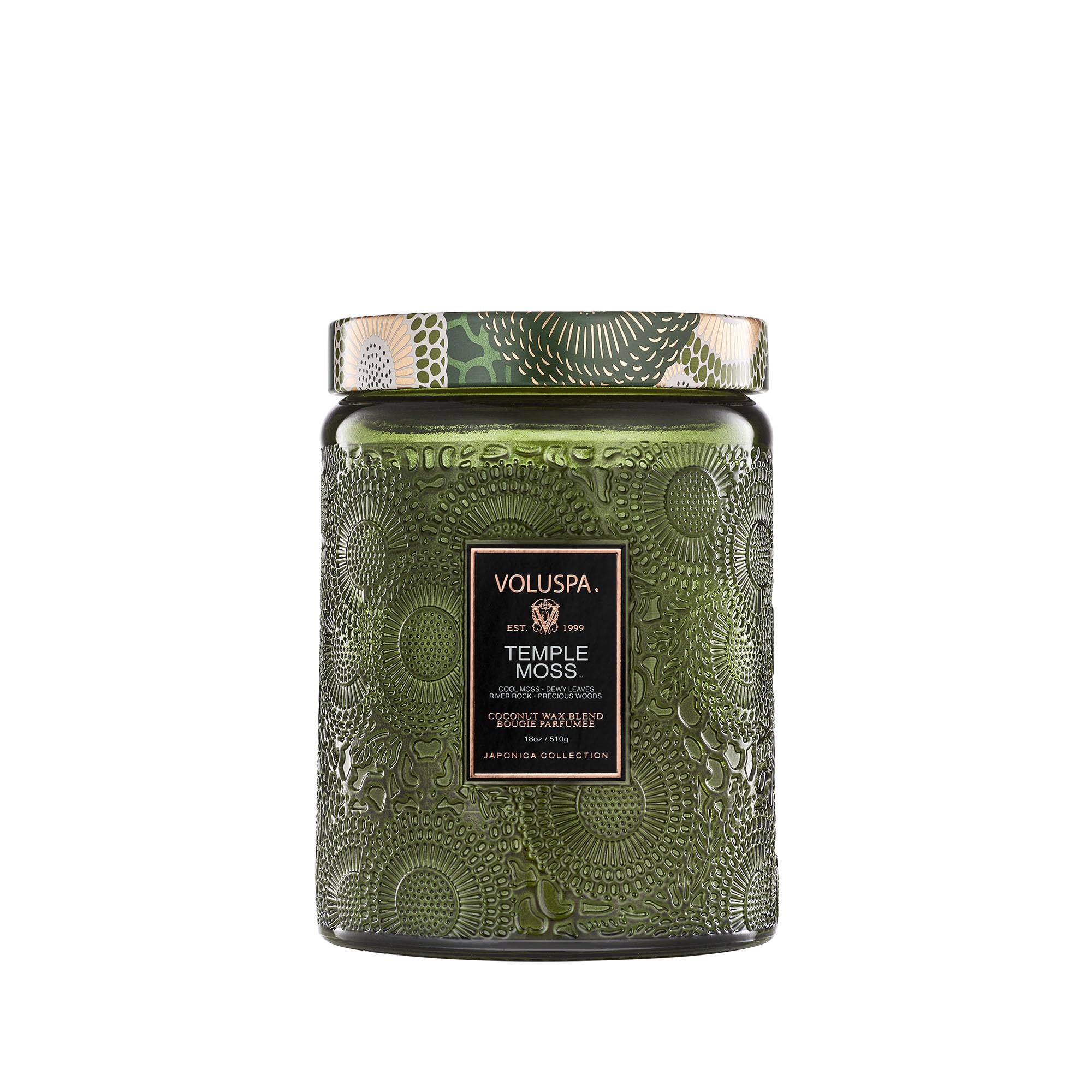 Voluspa Temple Moss, Large Candle Jar, 18oz, Coconut Wax Blend, Scented Candles for Home, 100 Hour Burn Time, Handcrafted in the USA