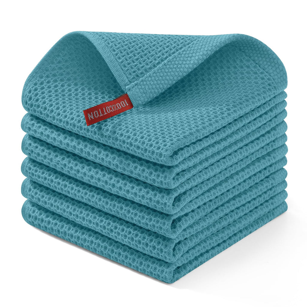 Homaxy 100% Cotton Waffle Weave Kitchen Dish Cloths, Ultra Soft Absorbent Quick Drying Dish Towels, 12 x 12 Inches, 6-Pack, Lake Blue