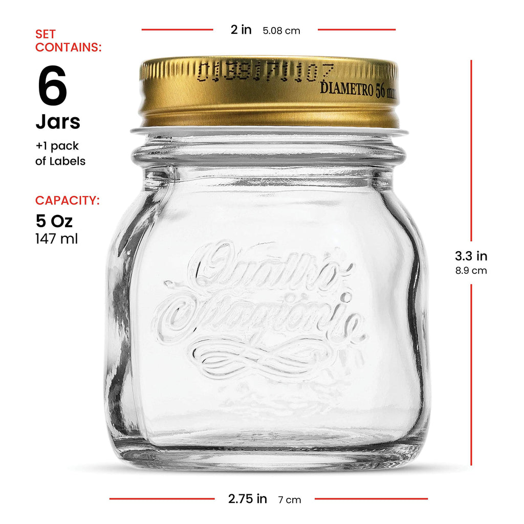 Bormioli Rocco Quattro Stagioni Small Glass Mason Jars 5 Ounce Mini Jars (6-Pack) with Metal Airtight Lid, For Jam, Jelly, baby food, Crafts, Spices, Dry Food Storage, Wedding favors, Decorating Jar