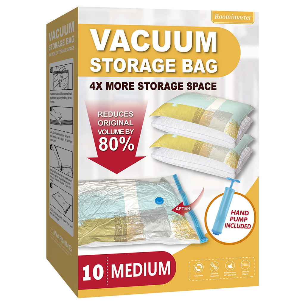 Roomimaster Vacuum Storage Bags, Vacuum Seal Space Saver Bags for Clothing, Travel Lugggage, Carry-on, Blankets, Comforters, Pillow, Bedding, 10 Medium