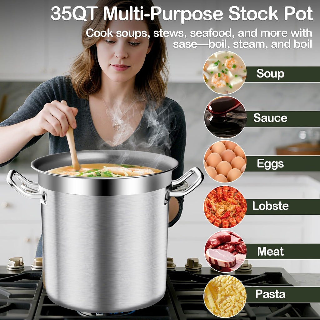 Large Stock Pot-35QT Stainless Steel Stockpot with Lid, Heavy Duty Tri-Ply Bottom Commercial Grade Stock Pot & Stockpots for Boiling Cooking Soup Stew Canning Cooking Pots, Cookware Sauce Pot