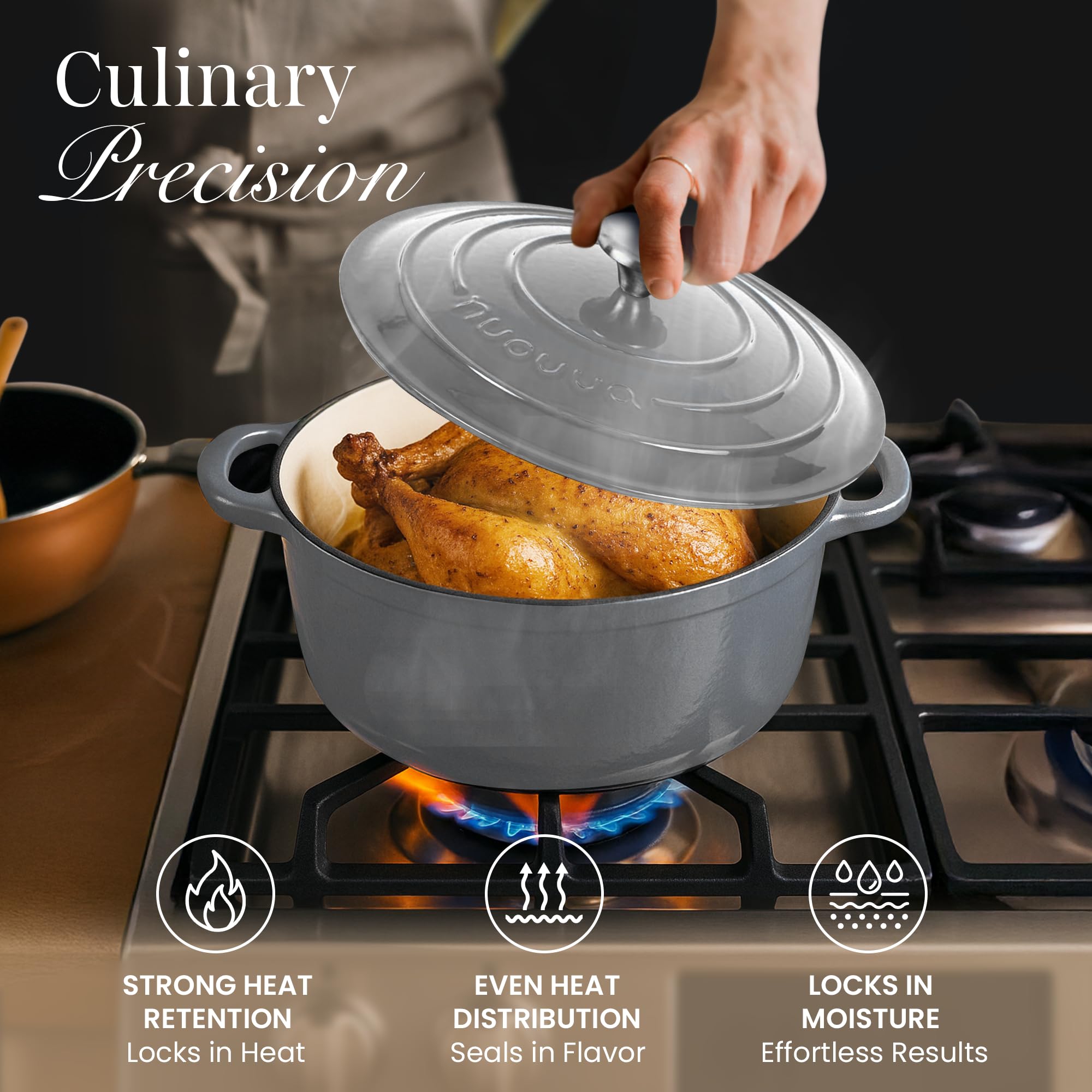 Cast Iron Pot with Lid-Non-Stick Ovenproof Enamelled Casserole Pot, Oven Safe up to 500° F-Sturdy Dutch Oven Cookware - Grey, 5-Quart, 24cm-by Nuovva