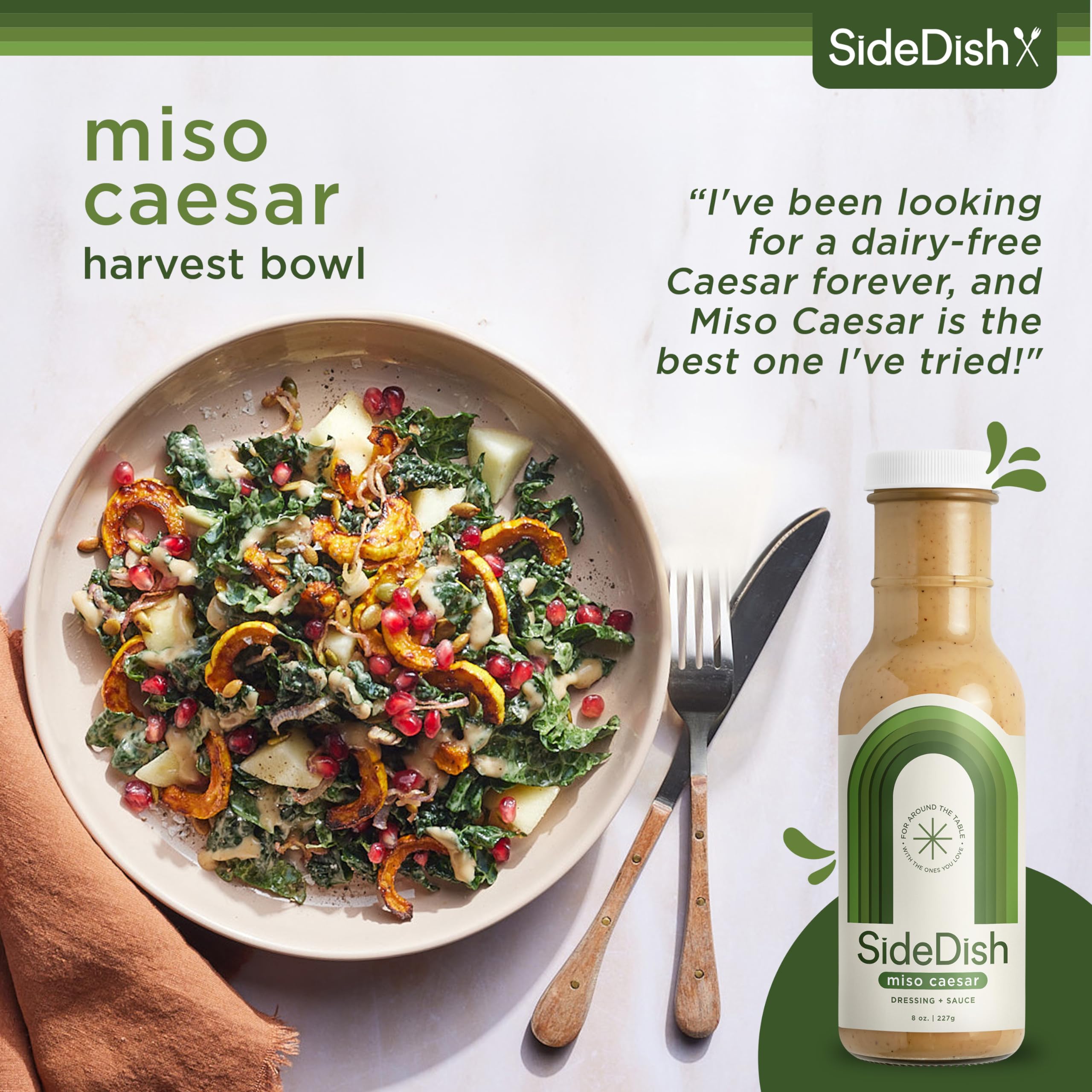SideDish Miso Caesar Dressing (Pack of 3) – Seed Oil Free Salad Dressing Made w/Avocado Oil – Refined Sugar Free, Dairy & Gluten Free Dip & Marinade – Paleo Honey Mustard Dressing for Dips, Sauces