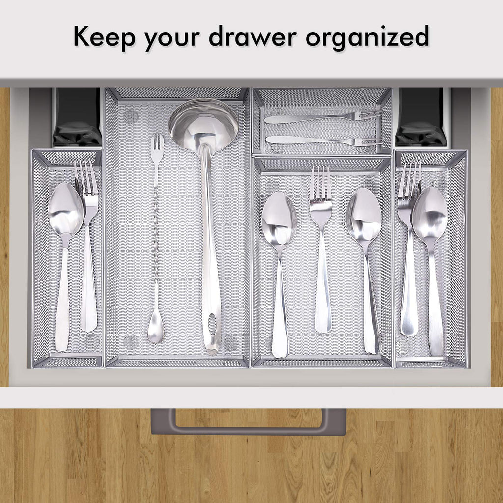 WuGeShop Mesh Silverware Tray Drawer Organizer, Kitchen Utensils Flatware with Anti-slip Mats, Silverware Storage Cutlery Tray for Knives Fork Spoon (5 Separate Compartments, Silver)