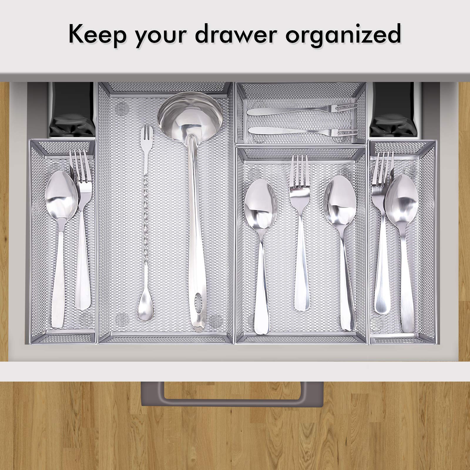 WuGeShop Mesh Silverware Tray Drawer Organizer, Kitchen Utensils Flatware with Anti-slip Mats, Silverware Storage Cutlery Tray for Knives Fork Spoon (5 Separate Compartments, Silver)