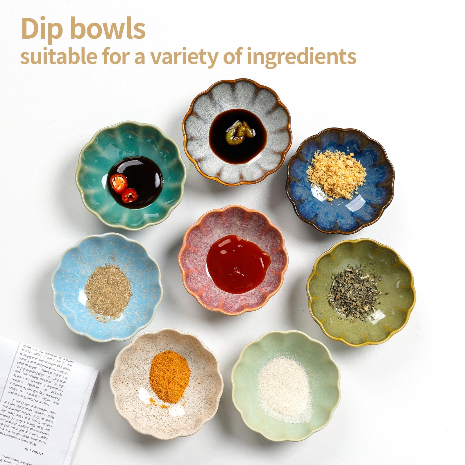 ZEBERBO Dipping Bowls Set of 8, Ceramic Soy Sauce Dishes, 3 oz Dipping Sauce Cups, chrysanthemum Round Small Side Dish Dishes for Dipping Sushi Tomato Soy Sauce Dish Condiment Finger Bowls