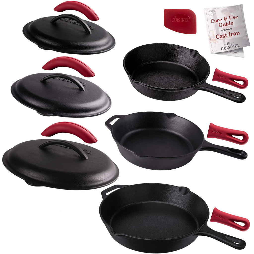 Cuisinel Cast Iron Skillets Set with Lids - 8"+10"+12"-inch Pre-Seasoned Covered Frying Pan Set + Silicone Handle and Lid Holders + Scraper/Cleaner - Indoor/Outdoor, Oven, Stovetop, Fire Safe Cookware