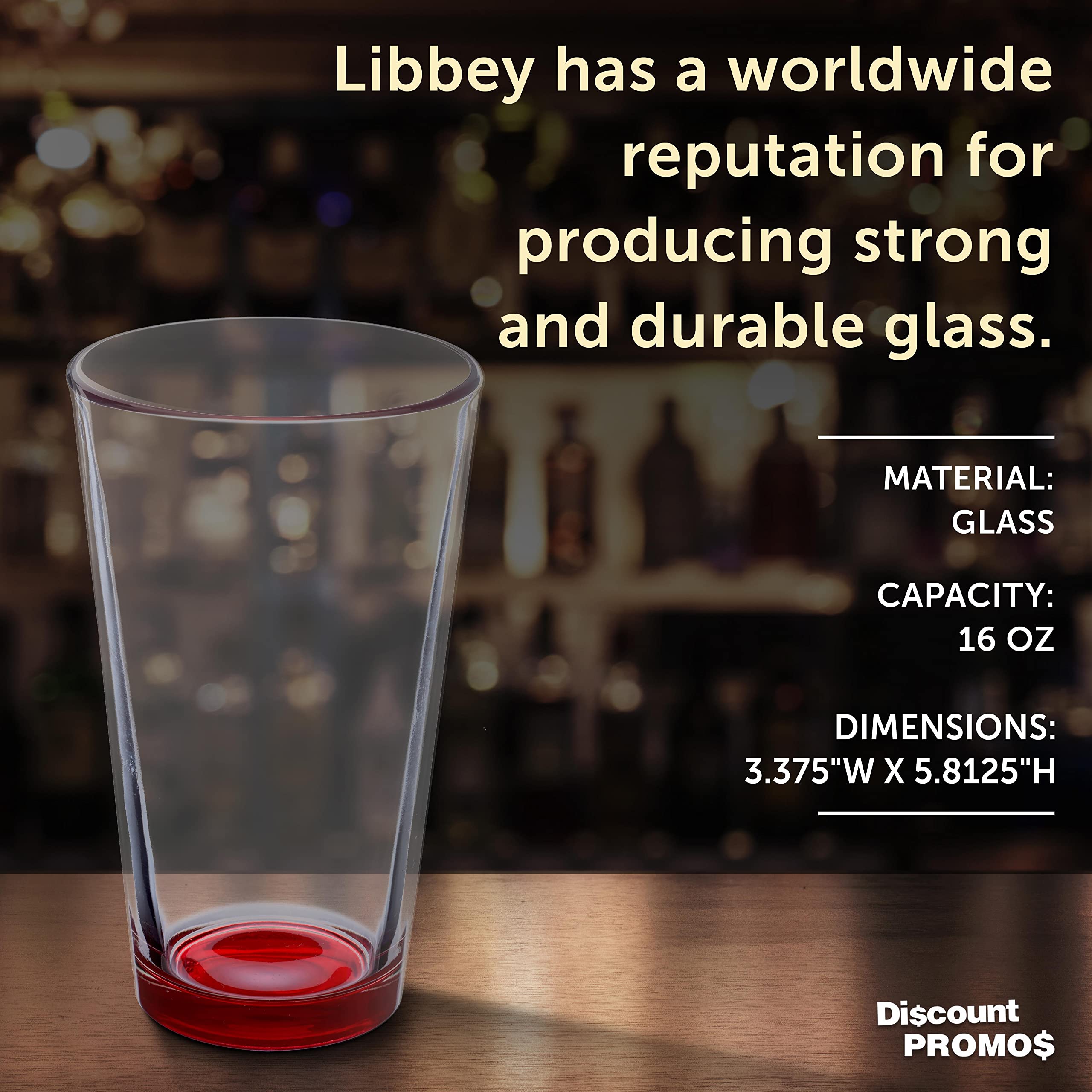 Libbey Pint Glass 16 oz. Set of 10, Bulk Pack - Beer Glasses, Heavy Duty Drinkware - Red