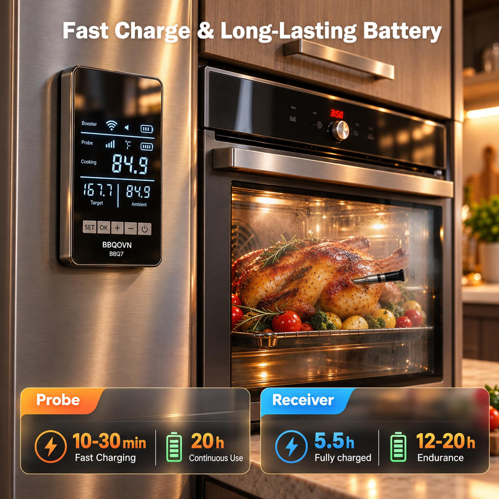 BBQOVN Smart WiFi Wireless Meat Thermometer, Sub-1G Long Range 1000FT, 7 NIST Certified Sensors in 1 Thinner Probe ±0.5℉ Accuracy, Standalone Base with App