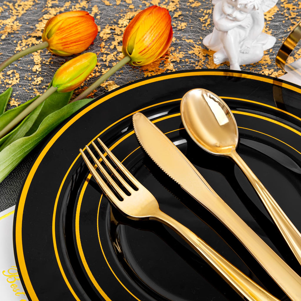 bUCLA 150 Pieces Black and Gold Disposable Dinnerware Set - 25 Guests Black Gold Plastic Plates Include 25 Dinner & 25 Dessert Plates, 25 Spoons, 25 Forks, 25 Knives, 25 Cups for Party & Graduation