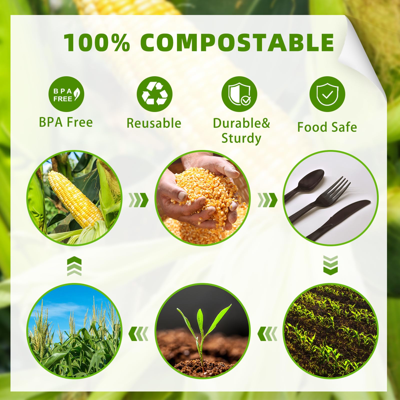300-Piece Compostable Utensils Set (120 Forks, 120 Spoons, 60 Knives), Heavy Duty Black Disposable Cutlery, Premium Cornstarch Plant-Based Silverware for Wedding, Party & Catering