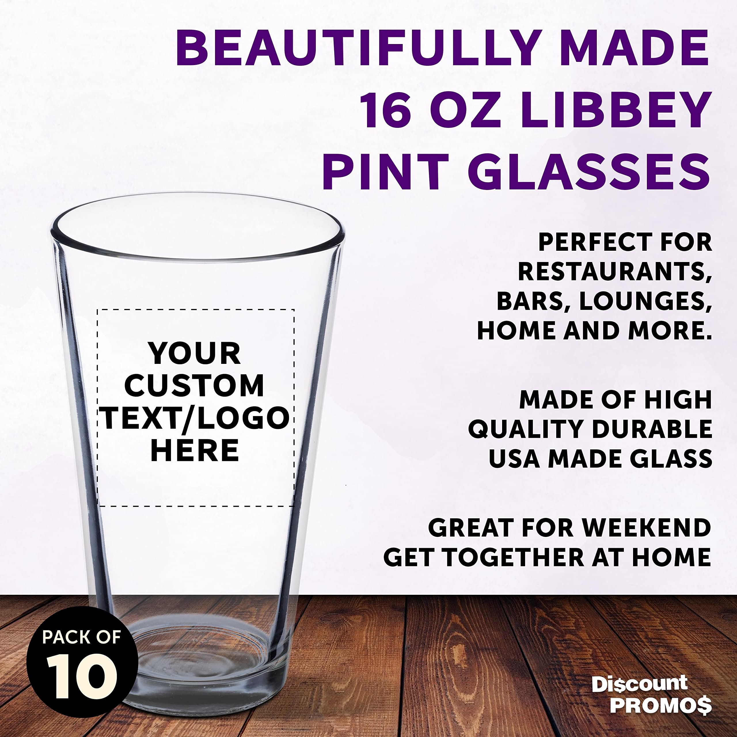 Custom Pint Glass 16 oz. Set of 10, Personalized Bulk Pack - Beer Glasses, Heavy Duty Drinkware - Clear