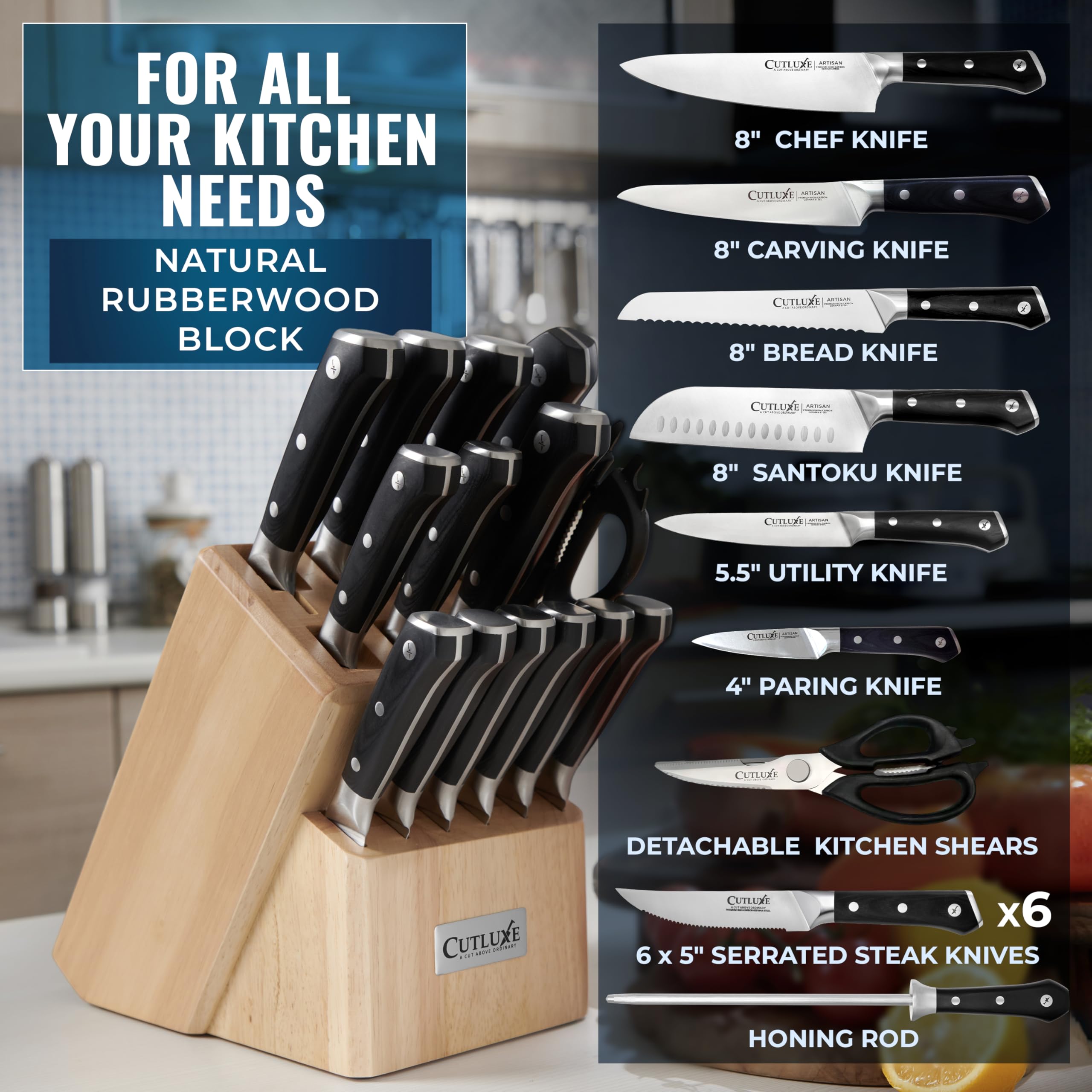 Cutluxe 15-Piece Knife Set for Kitchen – Rubberwood Block, German Steel