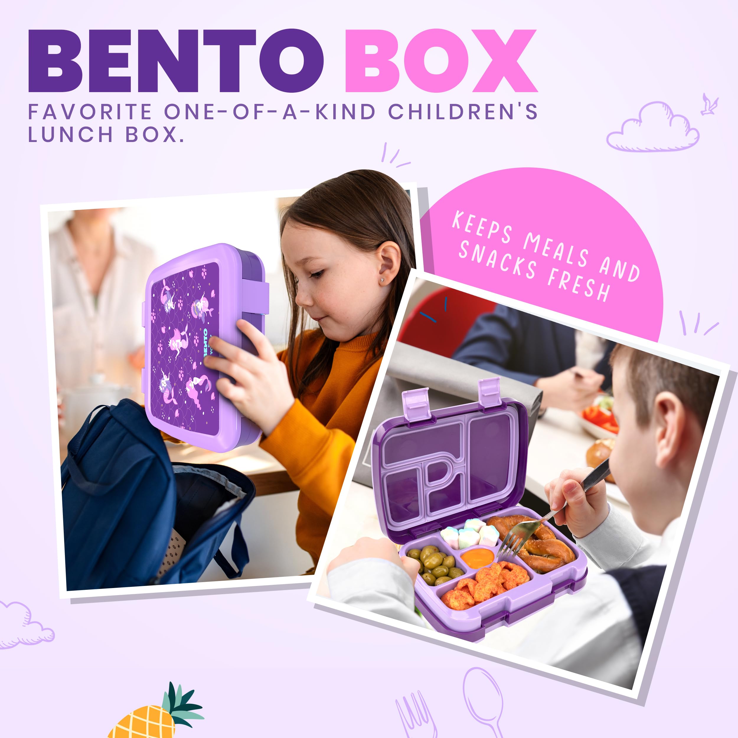 YOLAY Bento Box for Kids, 5-Compartment, Mermaid