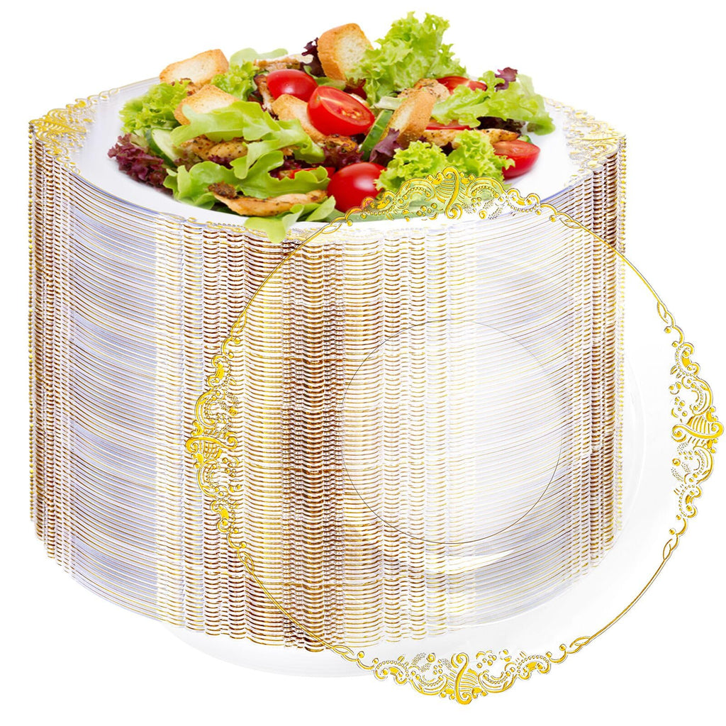Joyido 100PCS Clear Gold Plastic Bowls - 12 oz Clear Disposable Salad Bowls - Heavy Duty Disposable Soup Bowl - Fancy Plastic Ice Cream Bowl for Weddings, Parties, Dinners, Picnics,
