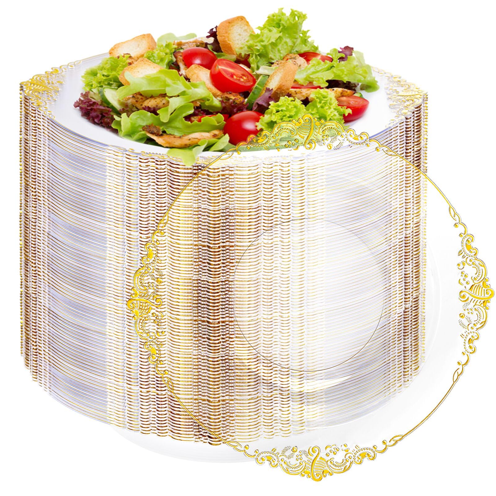 Joyido 100PCS Clear Gold Plastic Bowls - 12 oz Clear Disposable Salad Bowls - Heavy Duty Disposable Soup Bowl - Fancy Plastic Ice Cream Bowl for Weddings, Parties, Dinners, Picnics,