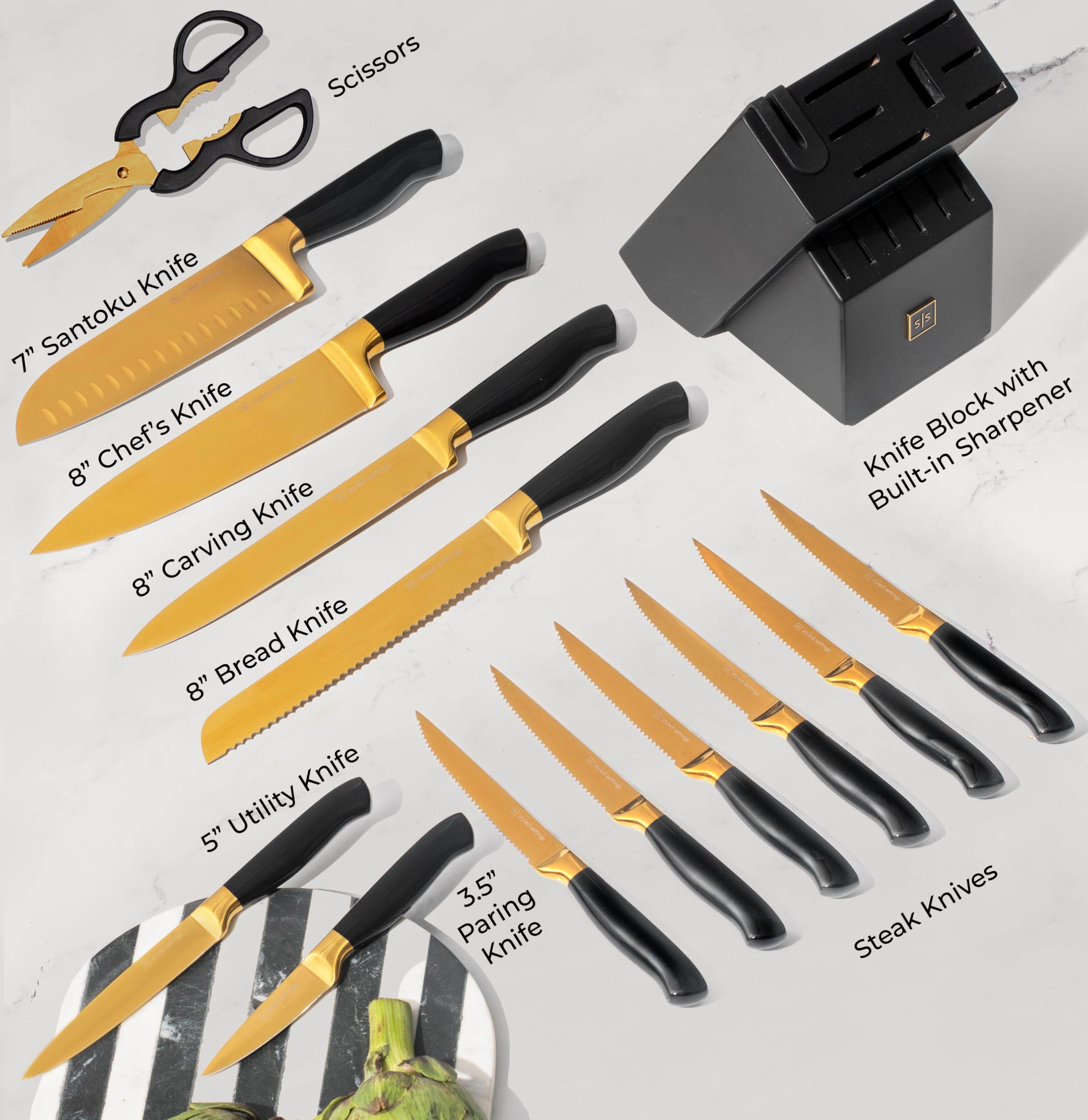 Styled Settings Black and Gold Knife Set with Block and Sharpener, 14-Piece