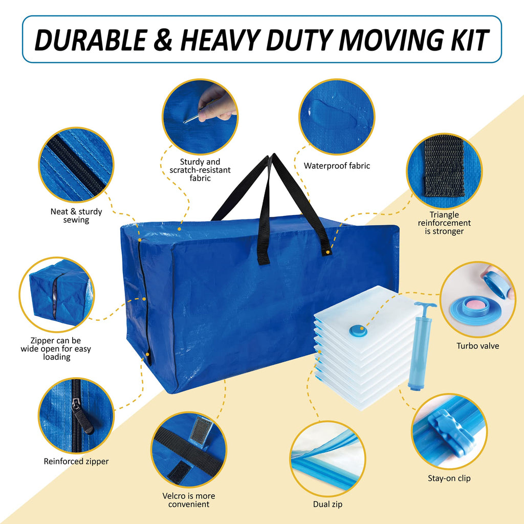 16 Pack Heavy Duty Extra Large Moving Bags with Backpack Straps & Large Vacuum Storage Bags Moving Supply Combo, Moving Totes with Handles & Zippers for Space Saving, Fold Flat, Includes Vacuum Bags