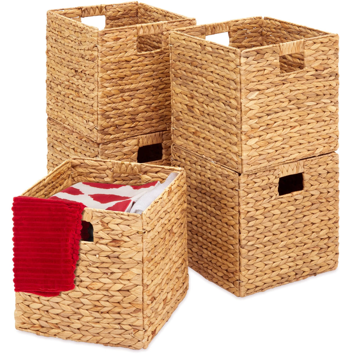 Best Choice Products 10.5x10.5in Pack of 5 Cube Storage Baskets, Water Hyacinth Multipurpose Collapsible Organizers, Handwoven Laundry Totes for Laundry, Living Room, Kids Room & Nursery - Whitewash