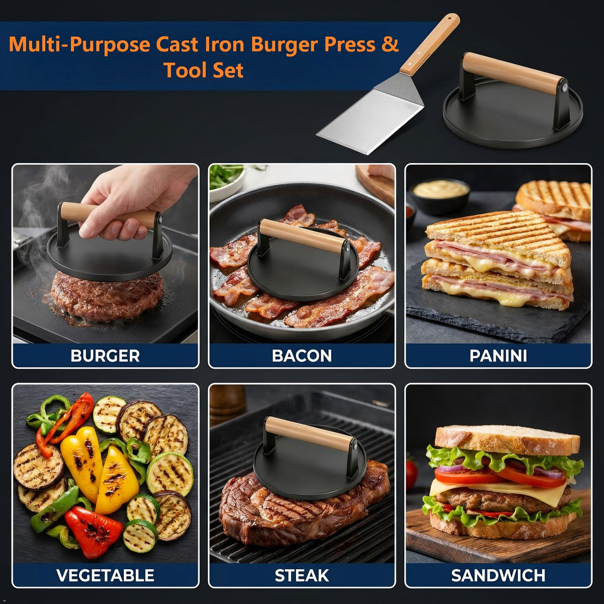 Eoufore 2 lb 7 Inch Cast Iron Burger Press Kit with Wide Spatula
