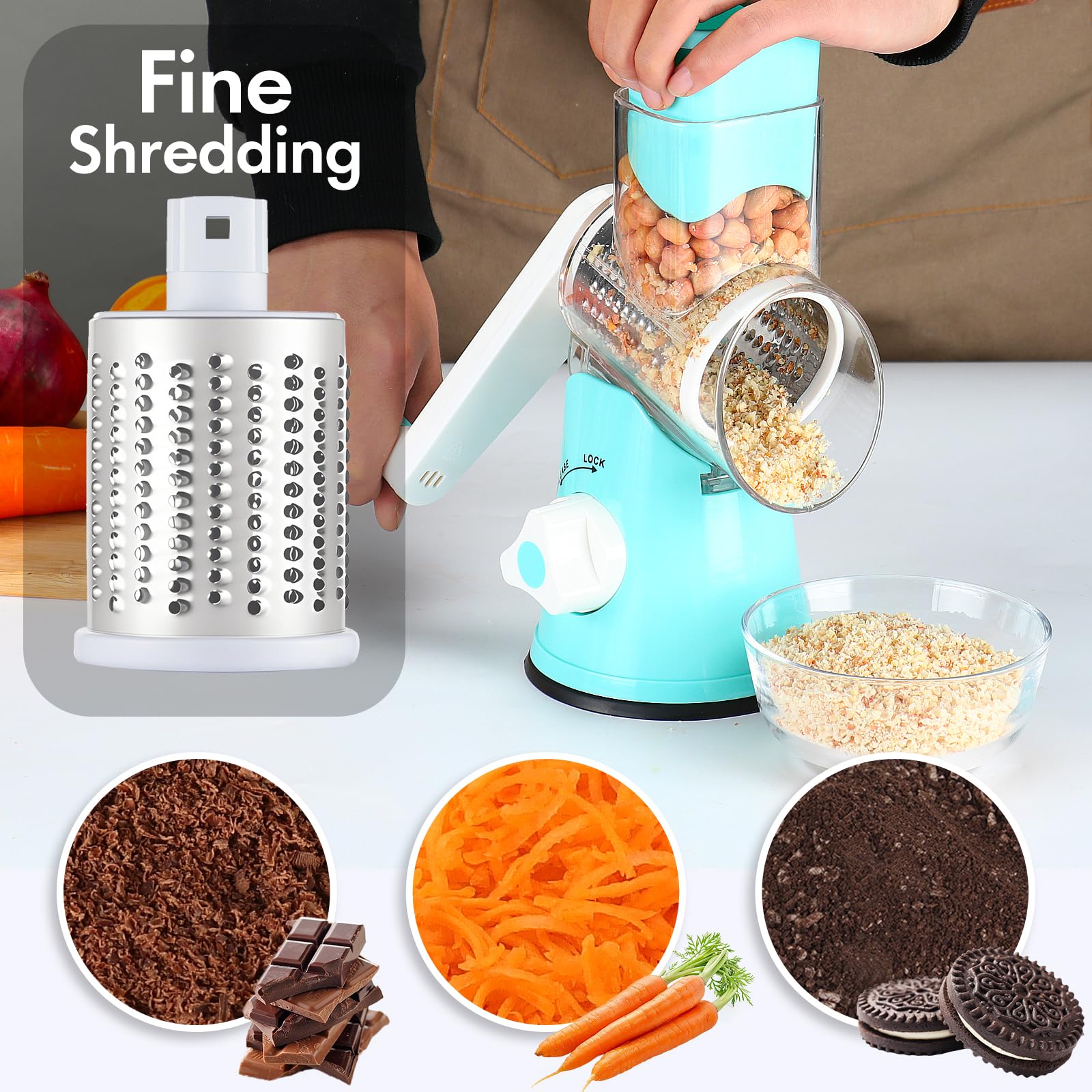 Ancevsk Cheese Grater Hand Crank, Rotary Vegetable Shredder with Handle and Strong Suction base, 3 in 1 Kitchen Speed Spin Veggie Slicer Nut Grinder for Pizza Top, Hash brown, Salad and More (Blue)