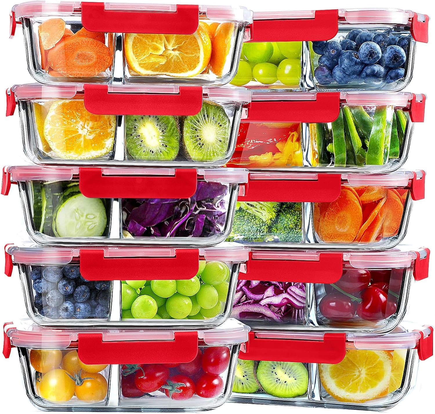 VERONES 10 PACK 30 OZ Glass Meal Prep Containers 2 Compartment Set, Red