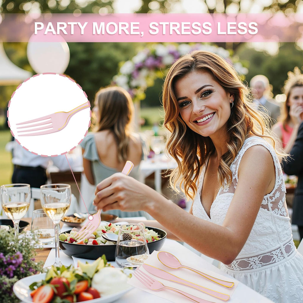 WDF 180 Pieces Pink Plastic Silverware with Gold -Pink Plastic Utensils Set - 60 Guest Cutlery Disposable for Birthday Party Baby Shower Wedding Spring