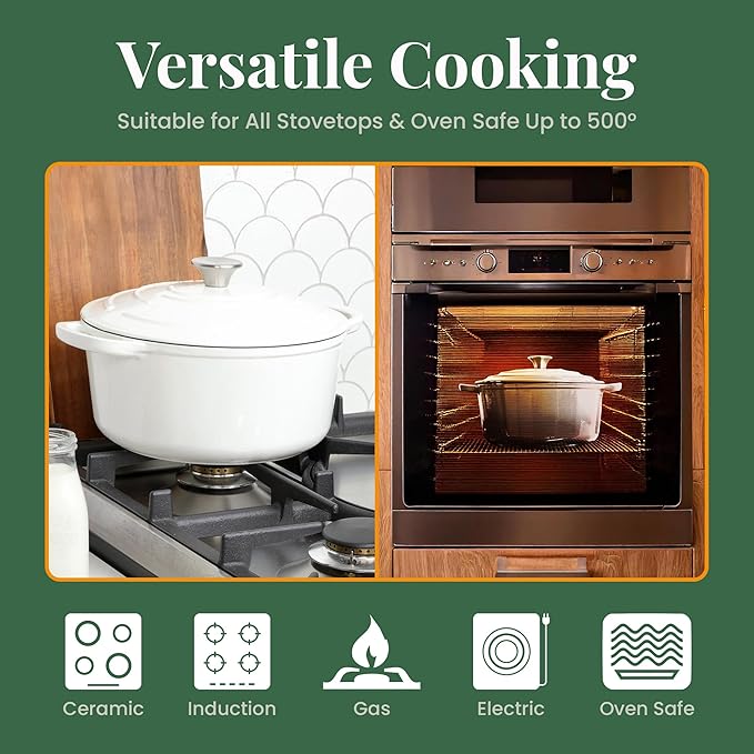 Larder & Vine Enameled Cast Iron 5.7qt Dutch Oven Pot with Lid | Bread Baking | Compatible on All Cooktops & Oven Safe to 500° F | Great for Sourdough Bread | White