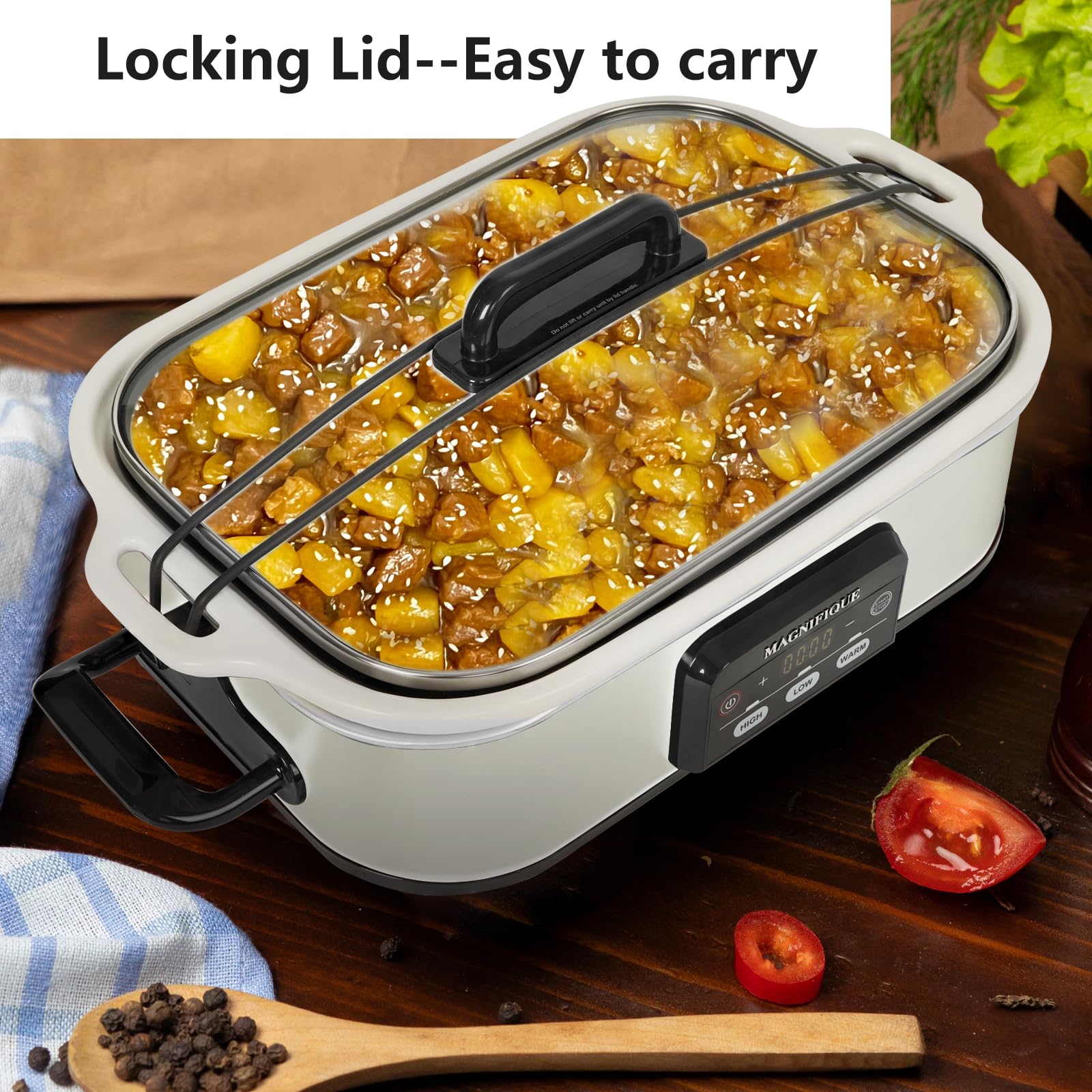 Magnifique 4 Quart Casserole Digital Slow Cooker, Premium Ceramic Bakeware for Oven, Dishwasher Safe Baking Dish, White