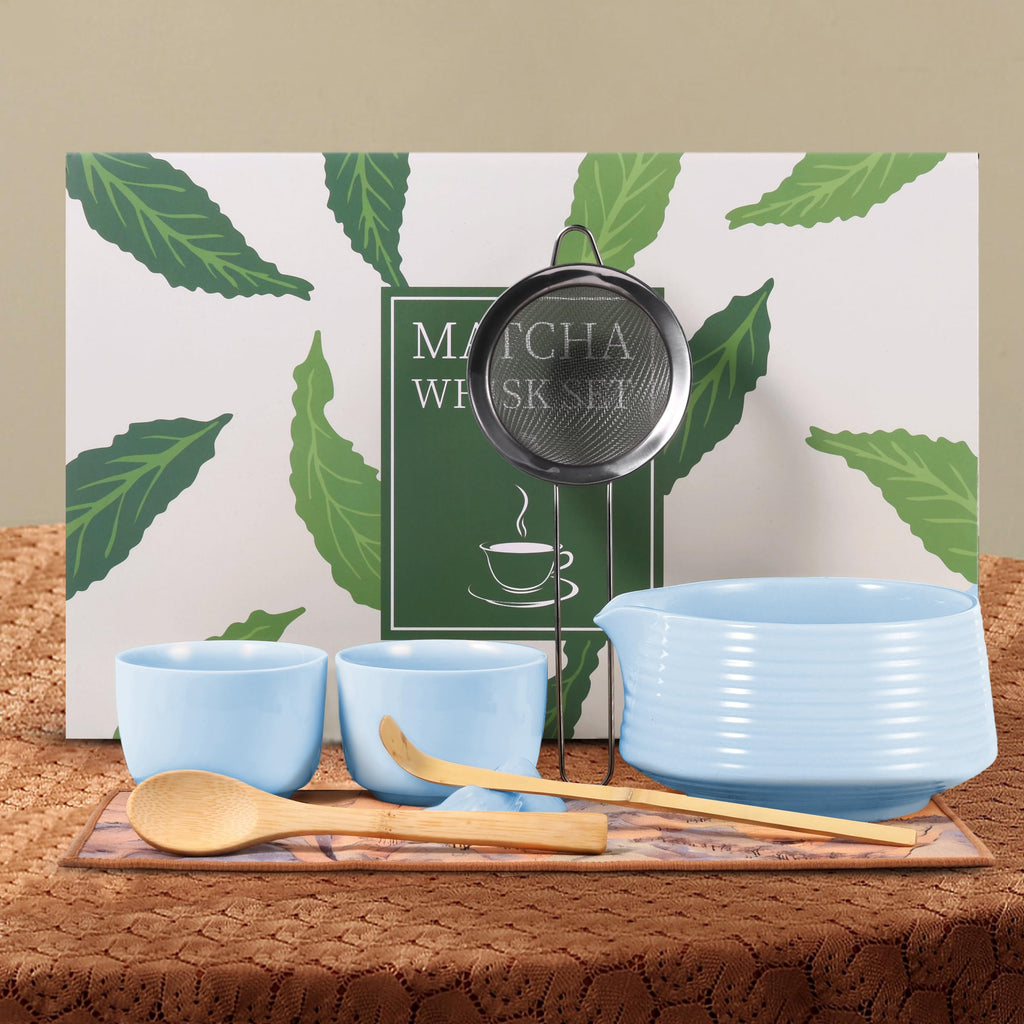 HELPLX Matcha Whisk Set, 10-Piece Japanese Matcha Kit with Bowl, Whisk & Holder, 2 Tea Cups, Bamboo Scoop, Spoon, Sifter, Scoop Rest & Tea Towel – Blue Matcha Tea Set for Ceremony or Daily Use