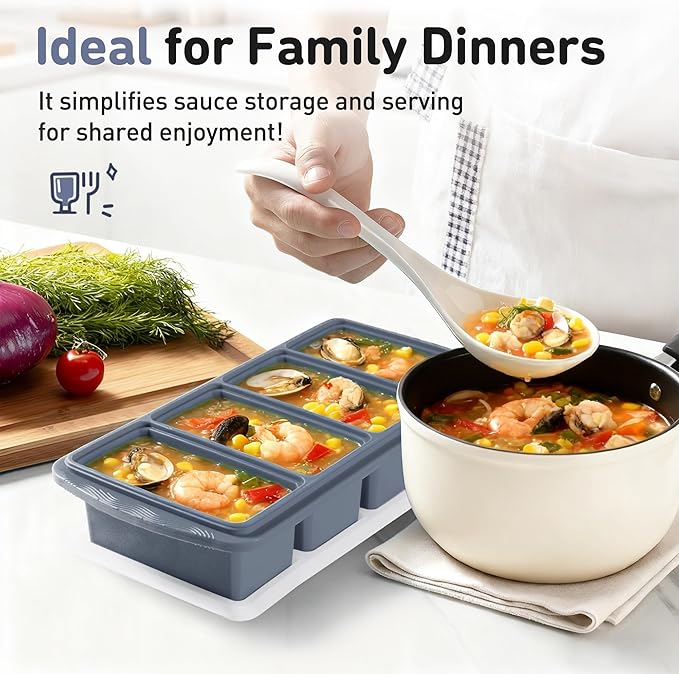 Silicone Freezer Tray with Lid Soup Freezer Container Molds with Steel Reinforced Rim Large Ice Cube Tray Makes 8 Perfect 1 Cup Portions Cubes Storage Food Ice Block Molds New Home Essentials