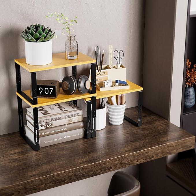Adjustable Storage Shelves for Kitchen Cabinet Organization - Set of 2 Stackable Metal & Solid Wood Racks, Space-Saving Design for Countertop/Pantry/Garage, Easy Assembly(1 Pack/Medium/Black)