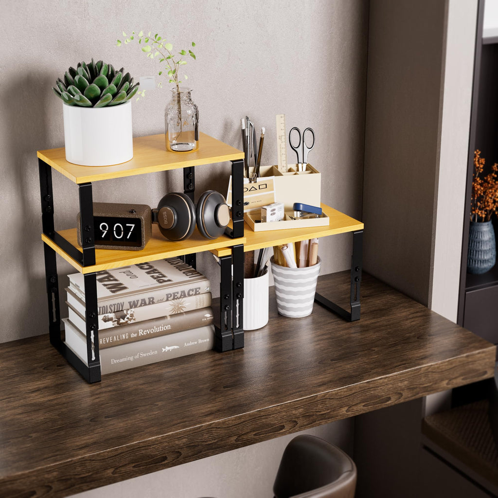 Adjustable Storage Shelves for Kitchen Cabinet Organization - Set of 2 Stackable Metal & Solid Wood Racks, Space-Saving Design for Countertop/Pantry/Garage, Easy Assembly(1 Pack/Large/Black)