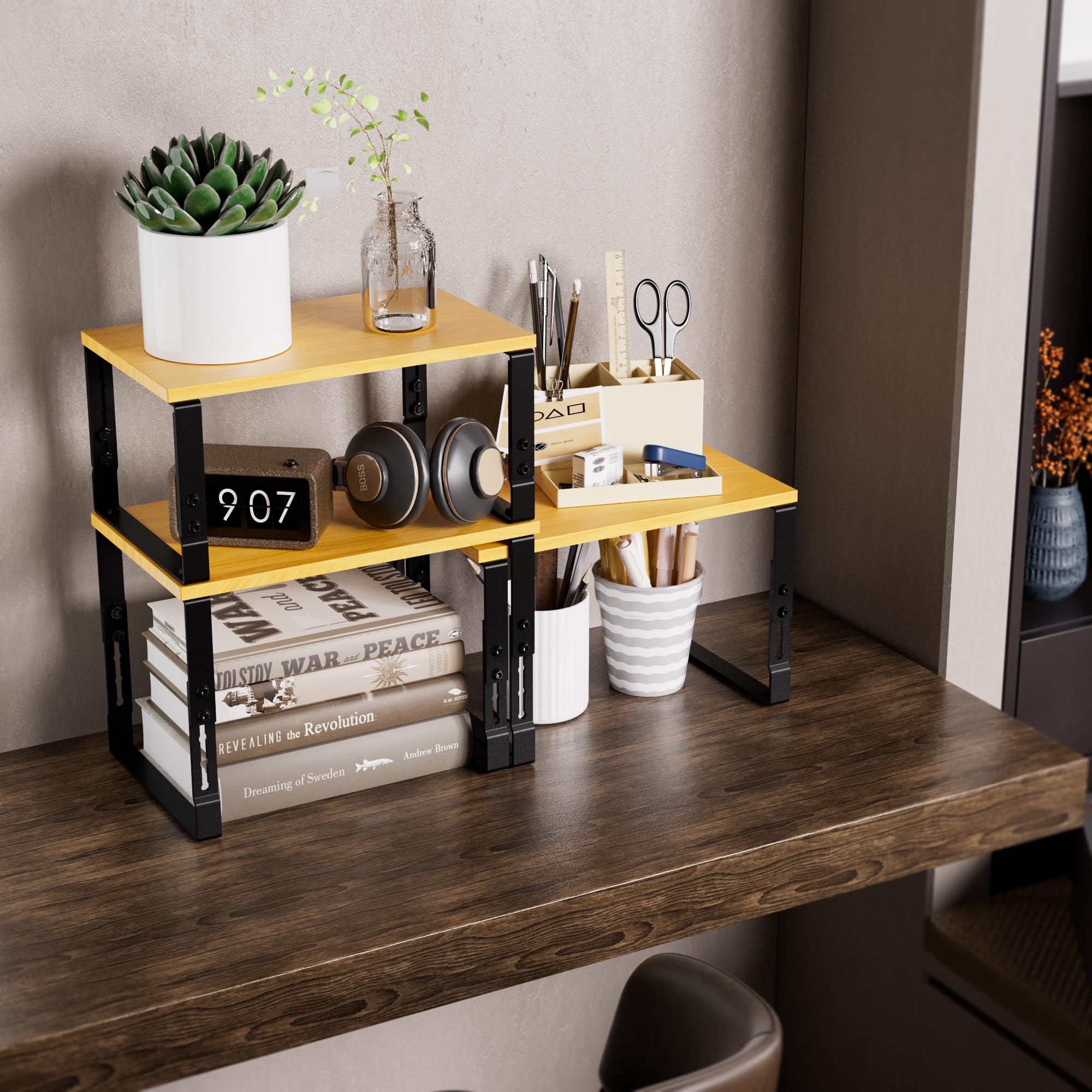 Adjustable Storage Shelves for Kitchen Cabinet Organization - Set of 2 Stackable Metal & Solid Wood Racks, Space-Saving Design for Countertop/Pantry/Garage, Easy Assembly(1 Pack/Large/Black)