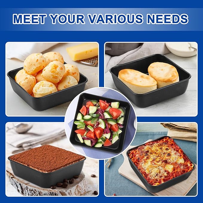 E-far 6 Inch Square Cake Pan Set of 2, Nonstick Small Baking Pan with Stainless Steel Core for Brownies Lasagna Cakes, Non-toxic & Easy Clean, 2 Inch Deep (Black)