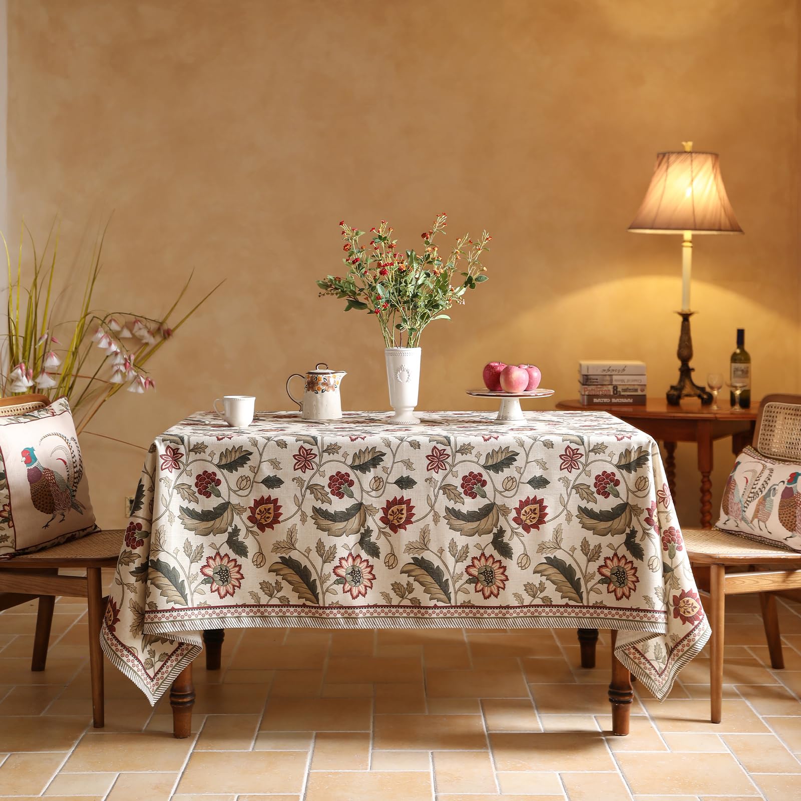ISAENNE Designer Provence Floral Table Cloth for Rectangle Table,Linen Colorful Washable Indoor Tablecloth,Durable Decor Tablecloths for Dining Thanksgiving Kitchen Christmas,55"*79"-Ratina