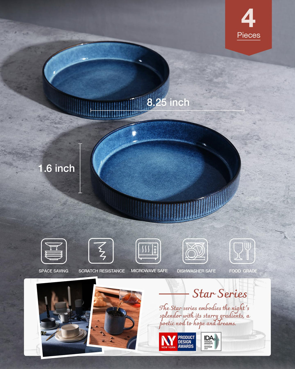 famiware Star 8.25" Pasta Bowls Set of 4, Bowl Plates, Nebulas Blue