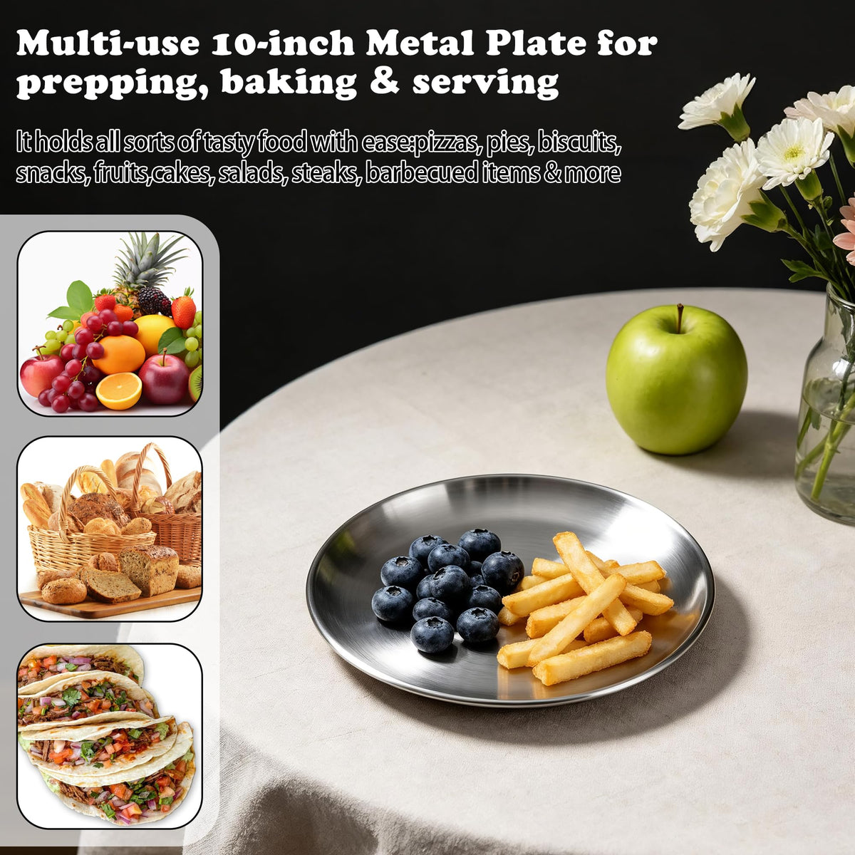 Stainless Steel Plates, 2PCS 10 Inch Plates for Kitchen Home BBQ Outdoor