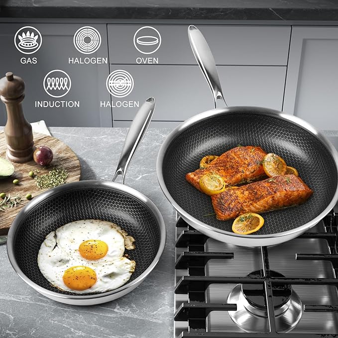 Innerwell Stainless Steel Frying Pan 8 Inch Nonstick Honeycomb Coatings Skillet for Eggs & Omelettes-Non Toxic Healthy Kitchen Cooking Pan Compatible with All Cooktops