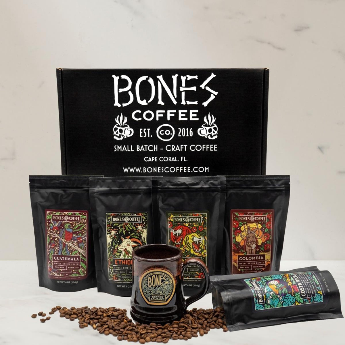 Bones Coffee Company NEW Favorite Flavors Sample Pack, Assorted Flavored Coffee Low Acid Medium Roast Arabica Beans Specialty Coffee Gifts, Auto Drip and French Press Compatible, 4 oz Pack of 5 Ground